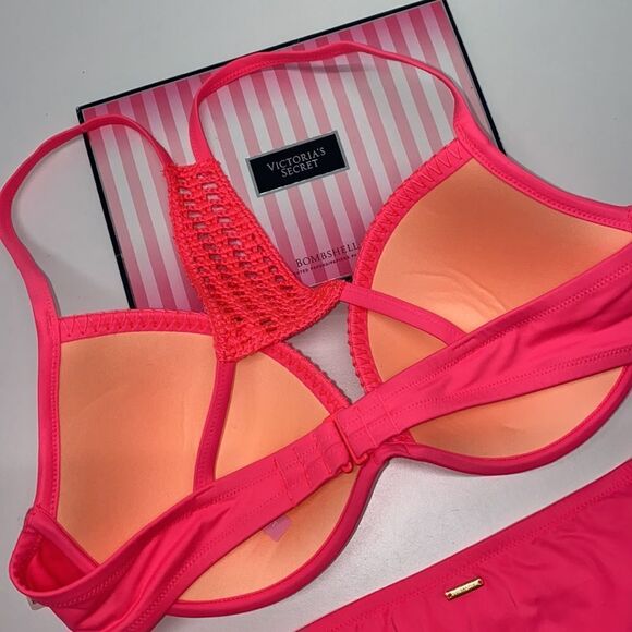 🔥🏖VICTORIA SECRET  swimsuit The Fabulous/The strappy cheeky Hot pink  New - Picture 5 of 7